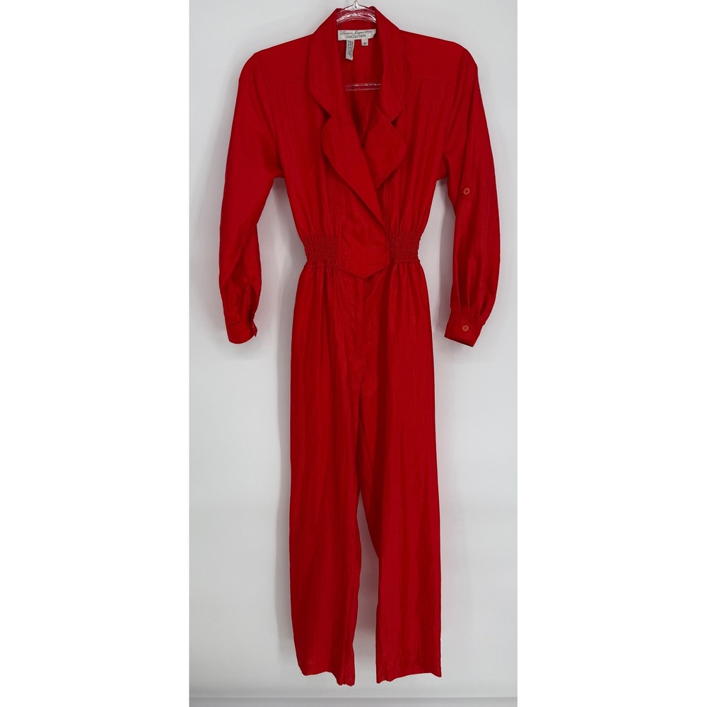 Laura & Jayne Petite Red Vintage Jumpsuit Smocked Waist Long Sleeve Sz(see pics)